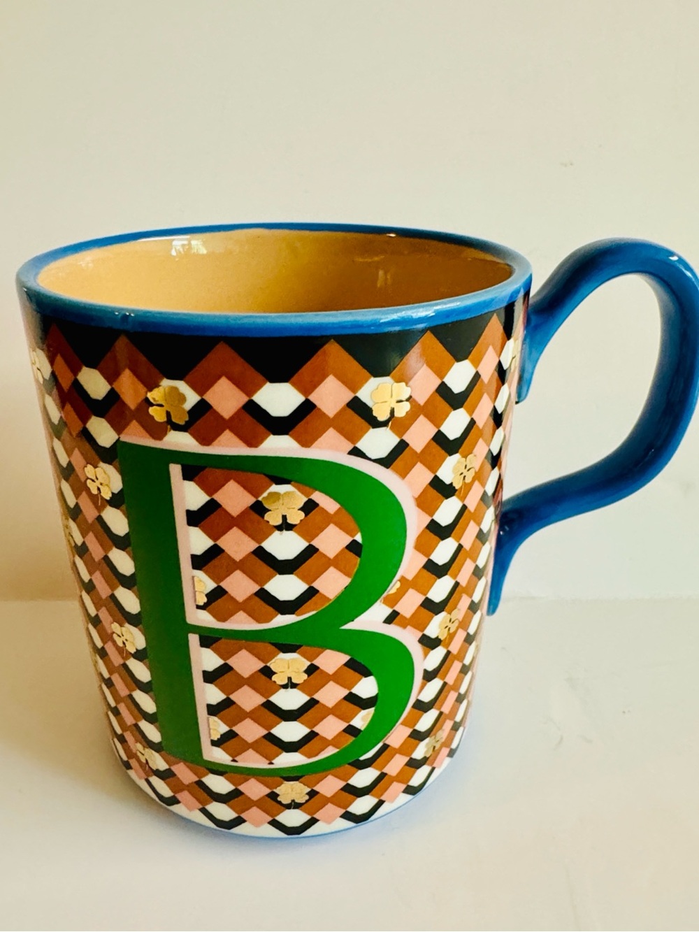 Anthropologie Monogram B Bold Patterned Ceramic Mug with Green Monogram